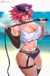 Rule 34 | 1girl, abs, black choker, black gloves, black thighhighs, blue eyes, blurry, blurry background, breasts, capcom, choker, cleavage, crop top, cutoffs, denim, denim shorts, elbow gloves, final fight, fingerless gloves, fingernails, garter straps, gloves, hat, holding, holding whip, huge breasts, lips, midriff, muscular, muscular female, nail polish, peaked cap, pink hair, pink nails, pinky out, poison (final fight), purple hat, rejean dubois, short hair, short shorts, shorts, single elbow glove, single fingerless glove, single garter strap, single thighhigh, skull and crossbones, solo, spiked hair, standing, strap gap, street fighter, street fighter v, tank top, thick thighs, thighhighs, thighs, torn clothes, torn tank top, underboob, whip