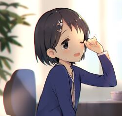 Rule 34 | 1girl, black eyes, black hair, blue cardigan, blurry, blurry background, blush, breasts, cardigan, collarbone, cup, dot nose, from side, hair ornament, hairclip, hand up, highres, idolmaster, idolmaster cinderella girls, idolmaster cinderella girls starlight stage, indoors, long sleeves, looking at viewer, on chair, open mouth, partially unbuttoned, pink shirt, plant, potted plant, rabbit hair ornament, sasaki chie, shirt, short hair, single tear, sitting, sleepy, small breasts, solo, table, teiryoku lolita, wavy mouth, window