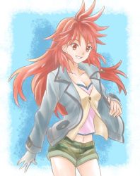 Rule 34 | 1girl, amou kanade, breasts, casual, cleavage, commentary request, link (aa30), long hair, looking at viewer, navel, open mouth, red eyes, red hair, senki zesshou symphogear, smile, solo