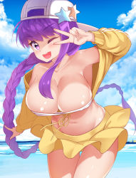 Rule 34 | 1girl, ;d, armpits, backwards hat, bad id, bad pixiv id, bandeau, bare shoulders, baseball cap, bb (fate), bb (fate) (all), bb (swimsuit mooncancer) (fate), bb (swimsuit mooncancer) (first ascension) (fate), beach, bikini, bikini skirt, blush, braid, breasts, cleavage, collarbone, covered erect nipples, cowboy shot, day, fate/grand order, fate (series), front-tie top, hat, highres, jacket, large breasts, leaning forward, long braid, long hair, long sleeves, looking at viewer, miniskirt, navel, ocean, off-shoulder jacket, off shoulder, one eye closed, open mouth, outdoors, purple eyes, purple hair, single braid, skirt, sky, smile, solo, swimsuit, v over eye, very long hair, white bikini, yellow bikini, yellow jacket, yuruto