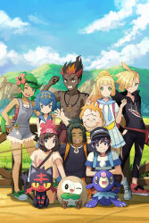Rule 34 | 4girls, 5boys, :d, ;d, ^ ^, arms behind back, backpack, bag, bare arms, bare legs, bare shoulders, baseball cap, beanie, belt pouch, black hair, black headwear, black pants, black shirt, blonde hair, blue eyes, blue hair, blue sky, blush stickers, brown hair, clenched hands, closed eyes, closed mouth, cloud, collarbone, commentary, creatures (company), dark-skinned male, dark skin, day, elio (pokemon), fence, fishing rod, flexing, floral print, flower, freckles, game freak, gen 7 pokemon, gladion (pokemon), green eyes, green footwear, green hair, green shorts, grey eyes, grin, hair flower, hair ornament, hair over one eye, hairband, hand on another&#039;s shoulder, hand on own hip, hands in pockets, hands on another&#039;s shoulders, hands up, hat, hau (pokemon), highres, hood, hoodie, jewelry, kiawe (pokemon), kneeling, lana (pokemon), lillie (pokemon), litten, long hair, long sleeves, looking at viewer, low twintails, mallow (pokemon), medium hair, multicolored hair, multiple boys, multiple girls, nintendo, one eye closed, open mouth, orange hair, orange shorts, outdoors, overall shorts, overalls, pants, pendant, pleated skirt, pokemon, pokemon (creature), pokemon sm, ponytail, popplio, pouch, red footwear, red hair, red headwear, red shorts, redpoke, rowlet, selene (pokemon), shirt, shoes, short hair, short shorts, short sleeves, shorts, shoulder bag, skirt, sky, smile, sneakers, sophocles (pokemon), squatting, standing, starter pokemon trio, striped clothes, striped shirt, swept bangs, t-shirt, topless male, torn clothes, torn pants, trial captain, twintails, two-tone hair, v-shaped eyebrows, waving, white footwear, white skirt