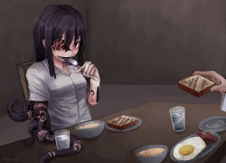 Rule 34 | 1girl, ageha (ray-k), artist name, bacon, black hair, bowl, bread slice, colored tongue, cup, drinking glass, egg (food), extra pupils, food, fork, fried egg, hair between eyes, holding, holding fork, long hair, long tongue, monster girl, original, plate, purple tongue, ray-k, red eyes, shirt, sidelocks, signature, slit pupils, solo focus, soup, table, tentacles, toast, tongue, tongue out, water, white shirt