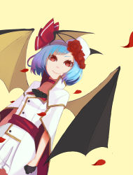 Rule 34 | 1girl, alternate costume, arms at sides, atg (wttoo0202), bad id, bad pixiv id, bat wings, black gloves, bow, cape, clenched hands, flower, gloves, hat, hat bow, hat ornament, light purple hair, looking at viewer, petals, red eyes, red flower, red rose, remilia scarlet, rose, short hair, smile, solo, touhou, wings