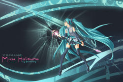 Rule 34 | 1girl, aqua hair, bad id, bad pixiv id, boots, detached sleeves, female focus, gradient background, hatsune miku, kaminary, long hair, necktie, skirt, solo, thigh boots, thighhighs, twintails, very long hair, vocaloid