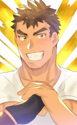 Rule 34 | 1boy, bara, brown hair, facial hair, forked eyebrows, gloves, highres, takabushi kengo, kihane atsusane, light blush, long sideburns, male focus, own hands together, portrait, shirt, short hair, single glove, smile, solo, stubble, thick eyebrows, tokyo houkago summoners, upper body, white shirt, yellow eyes
