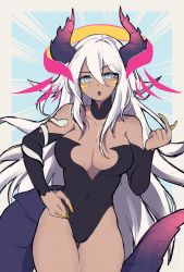 Rule 34 | 1girl, :o, black leotard, blue eyes, breasts, cleavage, collarbone, commentary, commission, covered navel, dark-skinned female, dark skin, detached sleeves, dragon girl, dragon tail, english commentary, finger heart, hair between eyes, highres, horns, kocha (vtuber) (artist), large breasts, leotard, long hair, myr (monchizu), open mouth, original, solo, tail, v-shaped eyebrows, very long hair, watermark, white hair, yellow eyes