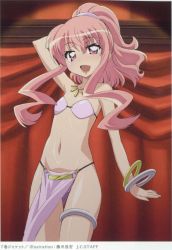 Rule 34 | :d, arabian clothes, arm behind head, belly dancing, bikini, bracelet, collar, fujii masahiro, headband, highres, jewelry, looking at viewer, louise francoise le blanc de la valliere, navel, non-web source, official art, open mouth, panties, pelvic curtain, pink eyes, pink hair, pink headband, pink headwear, pink panties, red background, scan, smile, solo, swimsuit, underwear, zero no tsukaima