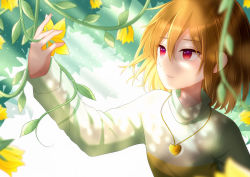 Rule 34 | 1other, absurdres, arm up, brown hair, chara (undertale), closed mouth, flower, green sweater, hair between eyes, hand up, heart, heart necklace, highres, jewelry, leaf, light brown hair, long sleeves, looking to the side, necklace, puffy long sleeves, puffy sleeves, red eyes, short hair, simple background, single stripe, solo, standing, striped clothes, striped sweater, sunlight, sweater, teeth, undertale, white background, yellow flower, yuupontan.