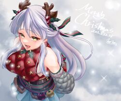 Rule 34 | 1girl, antlers, bare shoulders, breasts, cosplay, dated, detached sleeves, fake antlers, fire emblem, fire emblem: radiant dawn, fire emblem fates, fire emblem heroes, from above, grey hair, half updo, highres, horns, large breasts, long hair, marth-chan (micaiah mrmm), merry christmas, micaiah (fire emblem), mistletoe hair ornament, nintendo, quilted clothes, reindeer antlers, selena (fire emblem fates), selena (fire emblem fates) (cosplay), signature, solo, upper body, white background, yellow eyes