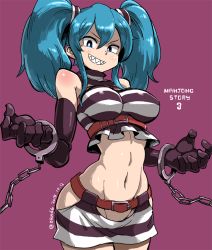 Rule 34 | 1girl, 2015, bad id, bad pixiv id, bare hips, belt, blue eyes, blue hair, breasts, character request, covered erect nipples, cowboy shot, cuffs, dated, elbow gloves, gloves, groin, hair between eyes, handcuffs, hip focus, large breasts, looking at viewer, looking down, mahjong monogatari, matching hair/eyes, miniskirt, mizuno (okn66), navel, no panties, open hands, purple background, purple gloves, revealing clothes, sharp teeth, shiny clothes, shirt, sidelocks, simple background, skirt, sleeveless, sleeveless shirt, solo, striped clothes, striped shirt, striped skirt, teeth, thighs, toned, turtleneck, twintails, twitter username