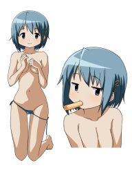 Rule 34 | 1girl, blue eyes, blue hair, breasts, collarbone, food, food in mouth, hair ornament, hairclip, highres, legs together, mahou shoujo madoka magica, miki sayaka, mouth hold, navel, nude, panties, panty pull, short hair, side-tie panties, simple background, small breasts, thigh gap, topless, underwear, ussan, white background