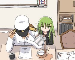 Rule 34 | 1boy, 1girl, admiral (kancolle), black sailor collar, black serafuku, chair, closed mouth, crescent, crescent hair ornament, cup, desk, green eyes, green hair, hair between eyes, hair ornament, hat, indoors, ink bottle, kantai collection, long hair, long sleeves, messy hair, nagatsuki (kancolle), paper, po0000000000, pouring, quill, sailor collar, school uniform, serafuku, sitting, spill, tired, white neckwear, you&#039;re doing it wrong