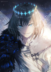 Rule 34 | 1boy, akizuno, arthropod boy, blue eyes, cape, crown, diamond hairband, fate/grand order, fate (series), fur-trimmed cape, fur trim, grey hair, highres, insect wings, long hair, long sleeves, male focus, oberon (fate), oberon (third ascension) (fate), shirt, solo, spoilers, wings