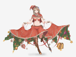 Rule 34 | 1girl, belt, blue eyes, boots, braid, breasts, brown hair, character request, christmas, christmas ornaments, christmas tree, clothes lift, gift, hat, highres, large breasts, long hair, looking at viewer, midriff, navel, santa hat, skirt, skirt lift, sky of morika, smile, solo, the elder scrolls, the elder scrolls v: skyrim