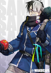 Rule 34 | 1boy, another eidos-r, apple, backpack, bag, bandaid, bandaid on face, black gloves, black hair, black scarf, blue coat, coat, cowboy shot, food, fruit, glasses, gloves, gradient background, grin, hair over one eye, highres, holding, holding food, holding fruit, looking at viewer, male focus, multicolored hair, sample watermark, scar, scar on face, scar on forehead, scarf, sharp teeth, signature, smile, solo, teeth, thorkell (another eidos), two-tone hair, waku (ayamix), watermark, white hair