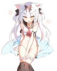 Rule 34 | 1girl, animal ears, azur lane, bad id, bad twitter id, black bow, blush, bow, cat ears, commentary request, covering privates, covering crotch, fang, hair between eyes, hair bow, highres, long hair, looking at viewer, navel, open mouth, silver hair, simple background, skirt, solo, white background, yellow eyes, youta, yukikaze (azur lane)
