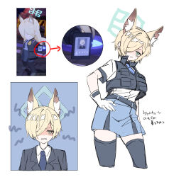 Rule 34 | 1girl, absurdres, aged down, animal ear fluff, animal ears, black thighhighs, black vest, blonde hair, blue archive, blue necktie, blue skirt, collared shirt, cropped legs, gloves, green eyes, hair over one eye, halo, hand on own hip, highres, kanna (blue archive), kanna (young) (blue archive), looking at viewer, multiple views, necktie, pencil skirt, photo-referenced, portrait, reference inset, sasami (cho ge n ki), shaded face, sharp teeth, shirt, short hair, short sleeves, simple background, sketch, skirt, teeth, thighhighs, vest, white gloves