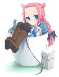 Rule 34 | 1girl, animal ears, braid, coffee cup, cup, disposable cup, in container, in cup, kubyou azami, looking at viewer, mini person, minigirl, mouse ears, original, pantyhose, pink hair, simple background, single braid, solo, sugar cube, tail, teacup, white background