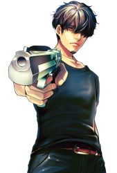 Rule 34 | 1boy, asahi man&#039;you, belt, black pants, black shirt, brown eyes, brown hair, character request, copyright request, facial hair, goatee, gun, hair over one eye, holding, holding gun, holding weapon, male focus, official art, pants, shirt, solo, t-shirt, transparent background, weapon, white background
