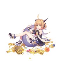 Rule 34 | 1girl, ahoge, bare shoulders, benghuai xueyuan, black dress, blonde hair, coin, detached sleeves, dragon girl, dress, full body, gem, gold, gold bar, gold coin, high heels, honkai (series), horns, hugging own tail, hugging tail, kanna (benghuai xueyuan), key, keyring, official art, open mouth, solo, tail, transparent background, treasure chest, yellow eyes