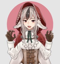 Rule 34 | 1girl, animal ears, black hair, brown gloves, cape, fire emblem, fire emblem fates, gloves, grey hair, hood, hood up, hooded cape, long sleeves, multicolored hair, nintendo, open mouth, pikapika hoppe, red eyes, simple background, solo, streaked hair, upper body, velouria (fire emblem), wolf ears