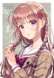 Rule 34 | 1girl, absurdres, blush, bow, braid, brown hair, fingernails, floral background, hair bow, hair ornament, hairclip, hands up, highres, holding, holding own hair, lips, long hair, long sleeves, looking at viewer, morikura en, original, parted lips, purple eyes, sailor collar, scan, school uniform, serafuku, simple background, solo, twin braids, twintails, upper body