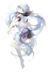 Rule 34 | 1girl, barefoot, black skirt, blue eyes, blue hair, bottle miku, floating hair, full body, goodman (modapi95), hair ribbon, hatsune miku, head tilt, long hair, looking at viewer, looking back, miniskirt, outstretched arms, pleated skirt, red ribbon, ribbon, shirt, short sleeves, simple background, skirt, smile, solo, twintails, very long hair, vocaloid, white background, white shirt