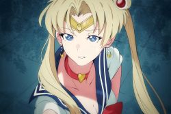 Rule 34 | 1girl, bishoujo senshi sailor moon, blonde hair, blue eyes, breasts, choker, cleavage, clenched teeth, crescent, crescent earrings, crescent moon, earrings, heart, heart choker, highres, jewelry, looking to the side, meme, moon, project-disrubtion, red ribbon, ribbon, sailor, sailor collar, sailor moon, sailor moon redraw challenge (meme), solo, symbol-shaped pupils, teeth, tiara, tsukino usagi, twintails
