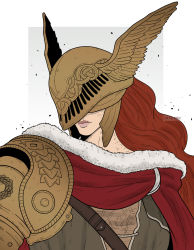 Rule 34 | 1girl, cape, closed mouth, elden ring, helmet, highres, long hair, malenia blade of miquella, mechanical arms, red cape, red hair, single mechanical arm, solo, upper body, winged helmet, yanobrk