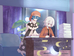 Rule 34 | 2girls, alternate costume, black dress, black necktie, blue eyes, blue hair, book, capelet, commentary, contemporary, couch, curtains, doremy sweet, dress, hat, head rest, kishin sagume, ko kita, long sleeves, looking at another, moon, motion blur, multiple girls, necktie, night, nightcap, office, paper stack, plant, pom pom (clothes), potted plant, red eyes, red shirt, shirt, short hair, sitting, sweat, touhou, white hair, window, writing