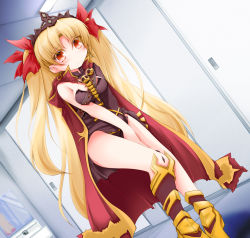 Rule 34 | 1girl, anbee (arary), armored boots, between legs, black leotard, blonde hair, blush, boots, bow, breasts, cape, closed mouth, crown, detached collar, door, dutch angle, earrings, embarrassed, ereshkigal (fate), fate/grand order, fate (series), female focus, hair bow, hand between legs, have to pee, highres, indoors, jewelry, leotard, long hair, looking at viewer, medium breasts, own hands together, pigeon-toed, red bow, red cape, red eyes, single sleeve, skull, smile, solo, standing, strapless, strapless leotard, textless version, twintails, v arms, very long hair, yellow footwear