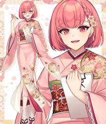 Rule 34 | 1girl, :d, black footwear, braid, character request, commentary request, floral background, floral print, flower, glasses, hair flower, hair ornament, highres, iriam, japanese clothes, karokuchitose, kimono, long sleeves, looking at viewer, multiple views, obi, official art, open mouth, pink flower, pink kimono, print kimono, red-framed eyewear, red eyes, red hair, sandals, sash, semi-rimless eyewear, short hair, smile, socks, under-rim eyewear, virtual youtuber, white legwear, wide sleeves, zoom layer, zouri