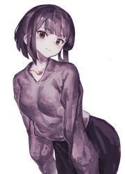 Rule 34 | 1girl, blush, brown eyes, character request, closed mouth, collarbone, copyright request, highres, purple hair, short hair, simple background, smile, solo, white background, yanyan (shinken gomi)