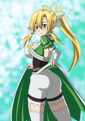 Rule 34 | 10s, 1girl, ass, blonde hair, blush, braid, breasts, clothes lift, elf, from behind, gradient background, green eyes, hair ornament, highres, huge ass, huge breasts, leafa, long hair, looking at viewer, pointy ears, ponytail, ranobe-senka, shorts, sideboob, skirt, skirt hold, skirt lift, smile, solo, sword art online, thighhighs