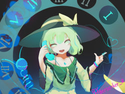 Rule 34 | 1girl, absurdres, adapted costume, antique phone, asymmetrical hair, berserker r, blood, bow, breasts, collarbone, dial, floral print, green hair, green shirt, green skirt, hat, hat bow, highres, holding, holding phone, komeiji koishi, long sleeves, looking at viewer, medium breasts, off shoulder, open mouth, phone, pink blood, ribbon, roman numeral, rose print, rotary phone, shirt, short hair, signature, skirt, skirt set, small breasts, solo, string, string around finger, teeth, touhou, upper teeth only, wavy hair, wide sleeves, wrist ribbon, yellow hat