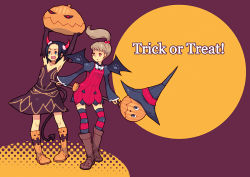 Rule 34 | 2girls, armpits, bat wings, blue hair, boots, brown hair, demon tail, flat chest, halloween, hat, horns, jack-o&#039;-lantern, long hair, multiple girls, pink eyes, ponytail, pumpkin, shorts, staff, striped clothes, striped legwear, striped thighhighs, tail, thighhighs, trick or treat, ukokkei, wings, witch hat