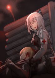 Rule 34 | 2girls, absurdres, bag, blood, blood on face, covered eyes, cross, girls&#039; frontline, hair between eyes, hair ribbon, hand on another&#039;s shoulder, highres, long hair, looking at viewer, lying, lying on person, macayase, medic, military, military uniform, mosin-nagant (girls&#039; frontline), multiple girls, on back, open mouth, orange hair, pink eyes, red cross, ribbon, silver hair, tagme, tokarev (girls&#039; frontline), uniform