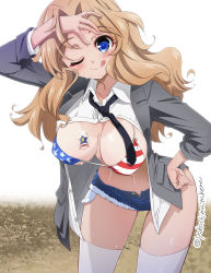 Rule 34 | 1girl, american flag bikini, bikini, bikini under clothes, black necktie, blonde hair, blue eyes, blue shorts, blush, breasts, cleavage, collarbone, emblem, flag print, girls und panzer, hand on own hip, kay (girls und panzer), long hair, looking at viewer, navel, necktie, one eye closed, open clothes, open shirt, open shorts, saunders (emblem), saunders school uniform, school uniform, shiny skin, short shorts, shorts, simple background, smile, solo, swimsuit, thighhighs, tongue, tongue out, white background, white thighhighs, yokoshima takemaru