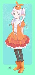 Rule 34 | 1girl, boots, center frills, commentary request, cosplay, dress, earrings, elf, frieren, frilled dress, frills, full body, googly eyes, green eyes, highres, jewelry, kikumaru bunta, layered dress, looking at viewer, monogatari (series), nisemonogatari, ononoki yotsugi, ononoki yotsugi (cosplay), orange footwear, orange headwear, pantyhose, parted lips, pointy ears, puffy short sleeves, puffy sleeves, rubber boots, short sleeves, solo, sousou no frieren, standing, striped clothes, striped pantyhose, thick eyebrows, twintails, white hair
