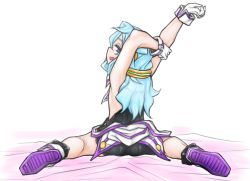 Rule 34 | 1boy, arms up, artist request, ass, blue eyes, blue hair, from behind, gloves, hacka doll, hacka doll 3, long hair, looking back, male focus, shorts, simple background, solo, trap, white background