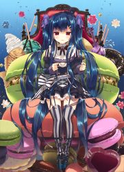 Rule 34 | 1girl, arikawa satoru, black hat, blue hair, bow, commentary request, cup, doughnut, flower knight girl, food, full body, hair bow, hair ornament, hairclip, hat, holding, holding cup, ice cream, long hair, looking at viewer, macaron, mary janes, mini hat, mini top hat, purple bow, red eyes, shoes, sitting, smile, solo, striped bow, striped clothes, striped thighhighs, teacup, thigh strap, thighhighs, top hat, torikabuto (flower knight girl), twintails, vertical-striped clothes, vertical-striped thighhighs