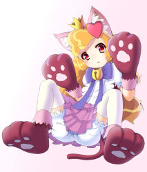 Rule 34 | 1girl, animal ears, animal hands, anyamal tantei kirumin zoo, bloomers, blush, bow, cat, cat ears, cat paws, cat tail, crown, dress, hair ornament, hat, hellnia, long hair, mikogami riko, open mouth, orange hair, red eyes, ribbon, solo, tail, thighhighs, underwear