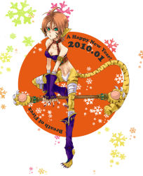 Rule 34 | 1girl, anco28, animal ears, breasts, breath of fire, breath of fire ii, bustier, capcom, cat ears, cat tail, facial mark, furry, furry female, gloves, green eyes, nail polish, no panties, no pants, orange hair, pointy ears, red hair, rinpoo chuan, short hair, solo, staff, tail, white background
