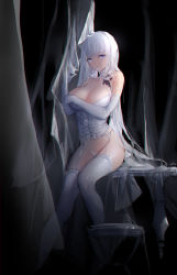 Rule 34 | 1girl, azur lane, bare shoulders, breasts, bustier, cleavage, closed mouth, collar, cross-laced clothes, curtains, detached collar, elbow gloves, garter belt, gloves, hair in own mouth, hands up, highres, illustrious (azur lane), large breasts, long hair, looking at viewer, mole, mole under eye, panties, purple eyes, silver hair, sitting, smile, solo, stool, swd3e2, table, thighhighs, underwear, very long hair, white collar, white gloves, white panties, white thighhighs