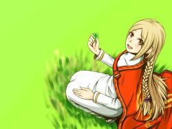 Rule 34 | 1girl, blonde hair, blush, breasts, brown eyes, cape, cleavage, dress, female focus, final fantasy, final fantasy tactics, grass, long hair, looking up, open mouth, ovelia atkascha, rawza, sidelocks, sitting, solo, yellow eyes