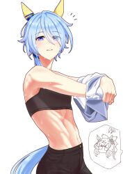 1girl absurdres animal_ears black_pants black_sports_bra blue_eyes blue_hair highres horse_ears horse_girl horse_tail k.s.miracle_(umamusume) looking_at_viewer navel pants senchan_7 shirt_partially_removed simple_background solo sports_bra sweat tail toned_female umamusume white_background