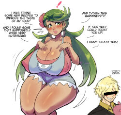 Rule 34 | 1boy, 1girl, alternate breast size, blush, blush stickers, breast suppress, breasts, cleavage cutout, clothing cutout, creatures (company), curvy, dark-skinned female, dark skin, english text, flower, furrowed brow, game freak, green eyes, green hair, hair flower, hair ornament, highres, huge breasts, legs together, long hair, looking at viewer, mallow (pokemon), matching hair/eyes, motion lines, nintendo, one piece, open mouth, overalls, pinkkoffin, pokemon, pokemon sm, sanji (one piece), shiny skin, standing, tareme, thick thighs, thighs, twintails