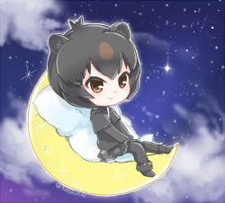 Rule 34 | 10s, 1girl, animal ears, bear ears, black footwear, black hair, black pantyhose, black shirt, black skirt, blush, boots, brown eyes, brown hair, chibi, cloud, commentary, crescent moon, eyelashes, from side, full body, fur-trimmed boots, fur trim, japanese black bear (kemono friends), kemono friends, layered sleeves, long sleeves, looking at viewer, moon, multicolored hair, night, on crescent, outdoors, outline, pantyhose, pillow, pleated skirt, shirt, short over long sleeves, short sleeves, sitting, skirt, sky, solo, star (sky), tatsuno newo, tsurime, twitter username, two-tone hair, white outline