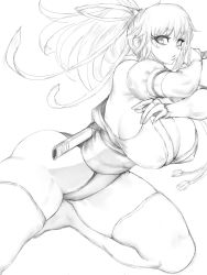 Rule 34 | 1girl, ass, breasts, cleavage, curvy, dead or alive, elbow gloves, fumio (rsqkr), gloves, holding, holding sword, holding weapon, japanese clothes, jumping, kasumi (doa), large breasts, leotard, lips, long hair, looking at viewer, monochrome, ninja, ponytail, puffy sleeves, running, sash, sheath, sword, thick lips, thick thighs, thighhighs, thighs, weapon, white background