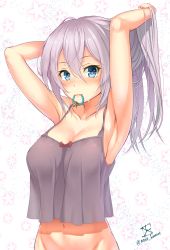 Rule 34 | 1girl, armpits, artist name, blue eyes, blush, bottomless, bow, breasts, camisole, cleavage, closed mouth, collarbone, convenient censoring, grey hair, hair between eyes, hair tie, hand in own hair, heart, heart-shaped pupils, highres, hip focus, large breasts, long hair, looking at viewer, mono kuroma, mouth hold, navel, original, red bow, signature, smile, solo, sweat, symbol-shaped pupils, twitter username, tying hair, upper body